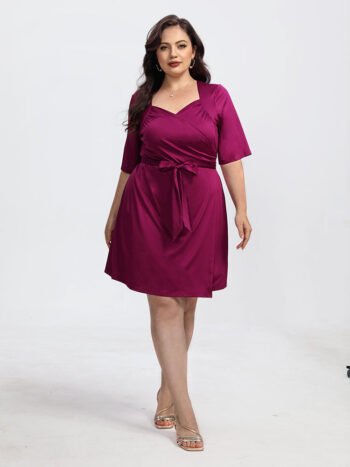 Plus Crisscross Ruched Belted Half Sleeve Party Dress