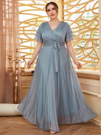 Polka Dot Wrap Belted Layered Sleeve Bridesmaid Dress