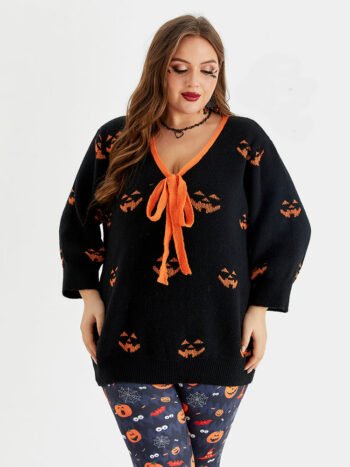 Halloween Pattern Tie Front Sweater