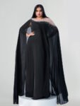 Plus Black Chiffon Rhinestone Embellished Cape Sleeve Slit Maxi Dress