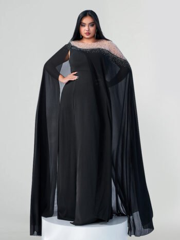 Plus Black Chiffon Rhinestone Embellished Cape Sleeve Slit Maxi Dress