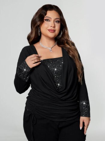 Draped Collar Glitter Panel Tee