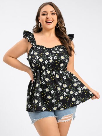 Plus Floral Print Ruffle Trim Cami Blouse