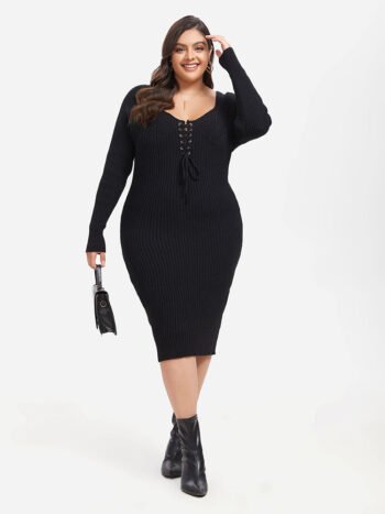 Lace Up Front Midi Sweater Dress