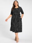 Plus Stripe Pattern Round Neck Tie Side Midi Dress
