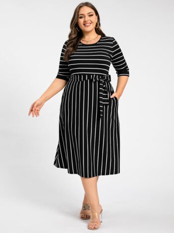 Plus Stripe Pattern Round Neck Tie Side Midi Dress