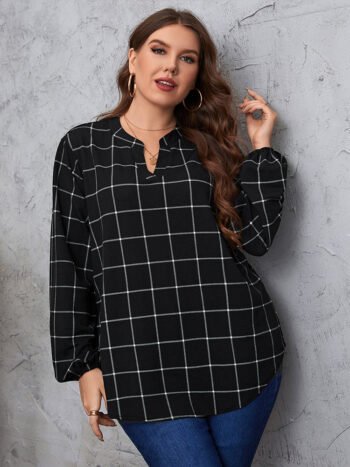 Plus Black Plaid V Neck Puff Sleeve Blouse