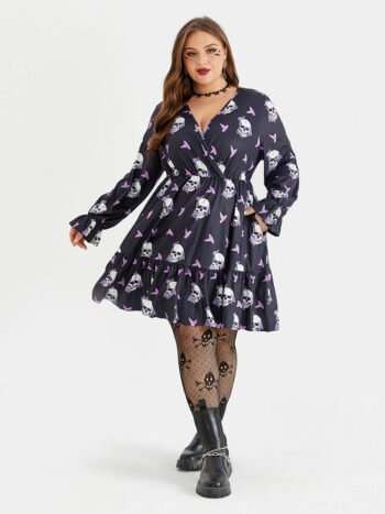 Halloween Print Flounce Sleeve Pocket Ruffle Trim Dress