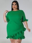 Solid Round Neck Ruffle Trim Dress