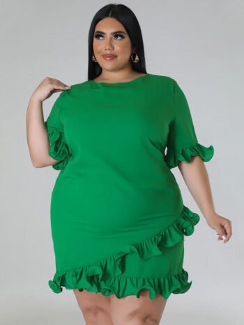 Solid Round Neck Ruffle Trim Dress