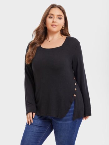 Button Detail Split Hem Tee
