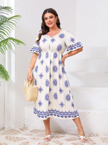 Boho V-Neck Allover Print Ruffle Sleeve Dress