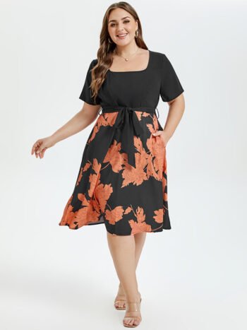 Floral Print Square Neck Belted Midi Dress
