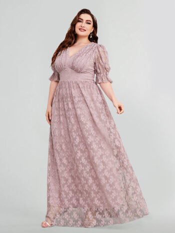 Plus Mauve Floral Embroidery Lace V-Neck Puff Sleeve Maxi Dress