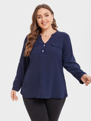 V-Neck Button Detail Pocket Blouse