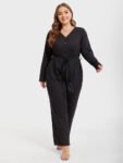 Solid V-Neck Button Front Belted Jumpsuit