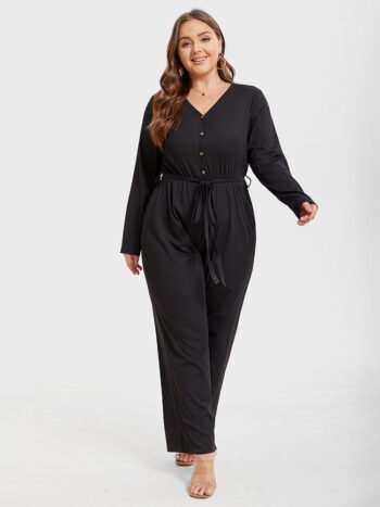 Solid V-Neck Button Front Belted Jumpsuit