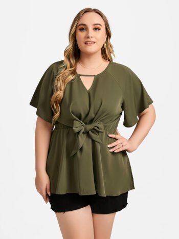 Plus V-Neck Flutter Sleeve Elastic Waist Tie Front Blouse