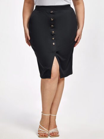 Plus Black Button Front Slit Pocket Elastic Waist Skirt