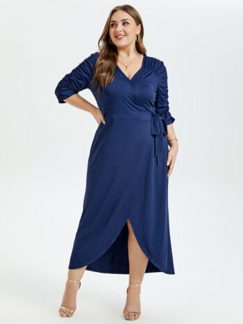 V-Neck Ruffle Tulip Hem Belted Party Maxi Dress