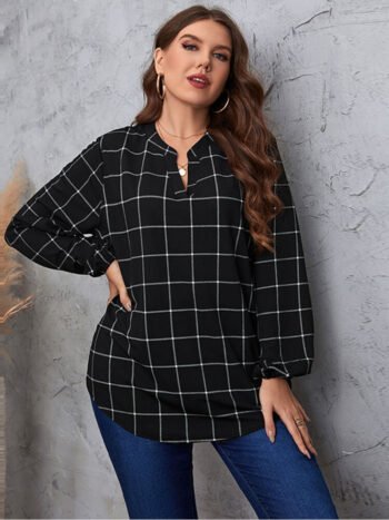 Plaid Print Lantern Sleeve Blouse