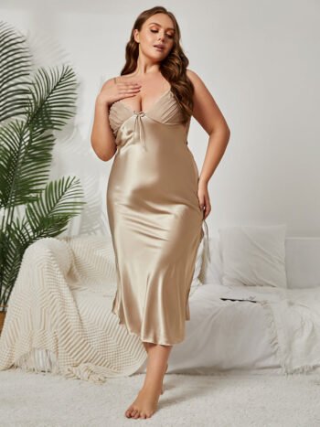 Plus Beige Lace Spaghetti Strap Split Pajama