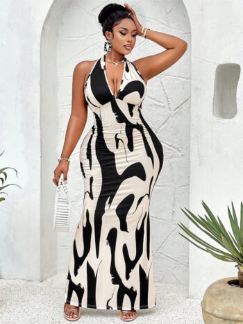 Abstract Print Halter Neck Tie Back Mermaid Hem Dress