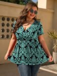Plus Floral Crisscross V-Neck Ruched Ruffle Tee