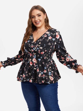 Floral Print Flounce Sleeve Peplum Blouse