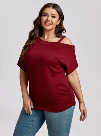 Plus Wine Red Cold Shoulder Batwing Sleeve Ruched Tee