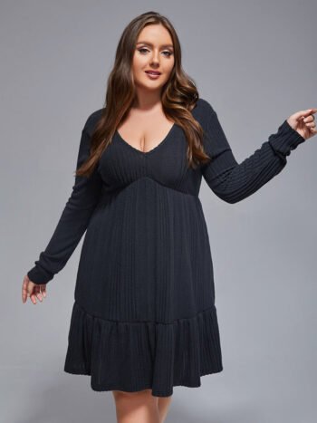 Plus V-Neck Tie Back Ruffle Hem Dress