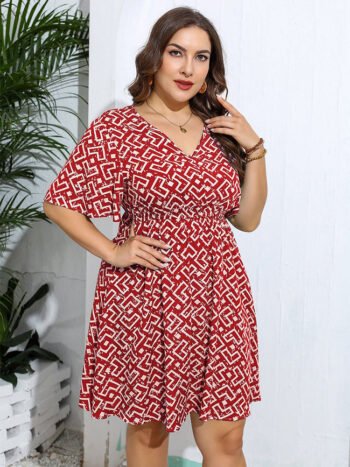 Geo Print V Neck Elastic Waist Dress