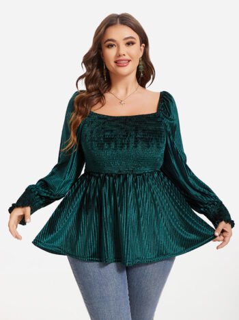 Square Neck Lantern Sleeve Peplum Velvet Blouse