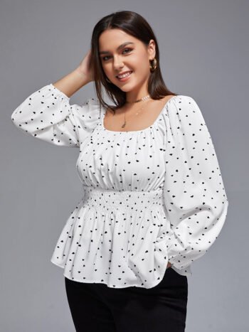 Plus Heart Print Square Neck Shirred Blouse