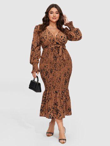 Allover Print Lantern Sleeve Mermaid Hem Belted Dress