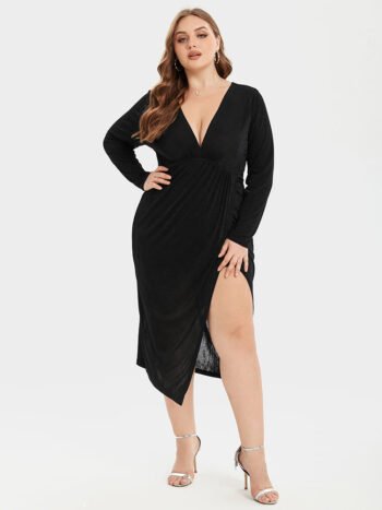 Solid Split Thigh V-Neck Ruched Midi Dress