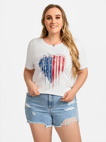 Plus White Heart Print Round Neck Graphic Tee