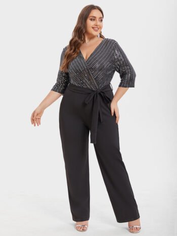 V-Neck Contrast Belted Sequin Jumpsuit