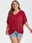 Crisscross Wrap V-Neck Batwing Sleeve Tee