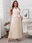 Solid Button Front Vest Jacket & Pleated Skirt Set