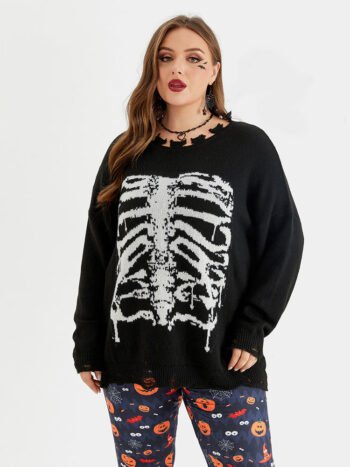 Halloween Skeleton Pattern Distressed Sweater