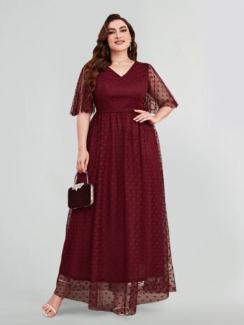 Plus Burgundy Dotted Mesh V-Neck Flutter Sleeve Maxi Dress