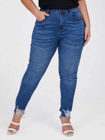 Plus Blue High Waist Ripped Frayed Hem Skinny Jeans
