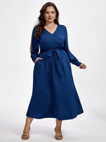 Plus Crisscross V-Neck Hollow Out Lantern Sleeve Pocket Tie Front Maxi Dress
