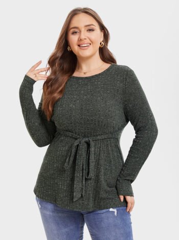 Round Neck Marled Knit Belted Tee