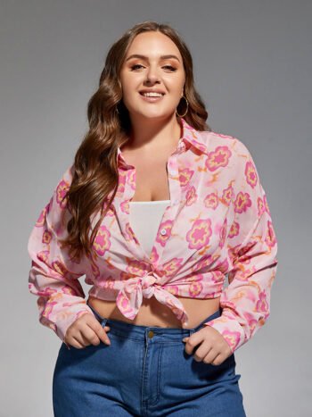 Plus Pink Floral Drop Shoulder Mesh Blouse Without Vest