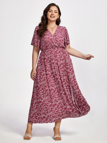 Plus Floral V-Neck Elastic Waist Pocket Flutter Sleeve Maxi Dress