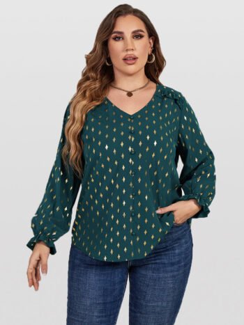 Plus Green Geo Print V-Neck Flounce Sleeve Blouse