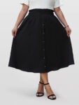 Solid Button Front Pocket Elastic Waist Skirt