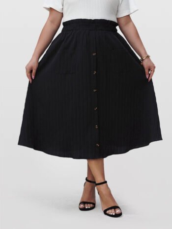 Solid Button Front Pocket Elastic Waist Skirt